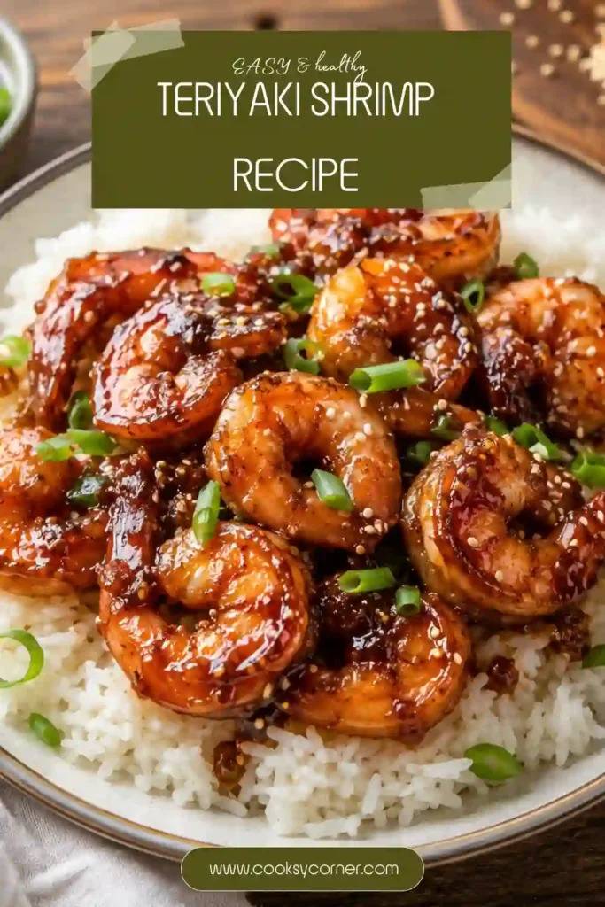 Easy Teriyaki Shrimp Recipe served in a bowl with fluffy rice, steamed broccoli, sesame seeds, and sliced green onions.