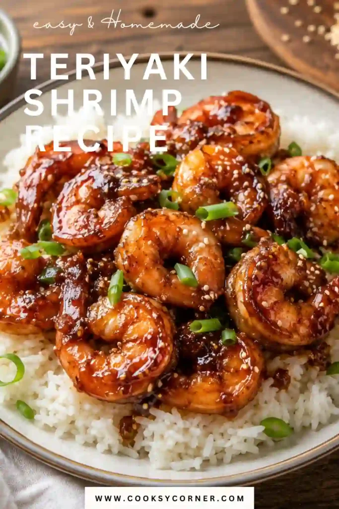 Homemade Teriyaki Shrimp featuring jumbo shrimp glazed with garlic ginger teriyaki sauce and served with rice and vegetables.