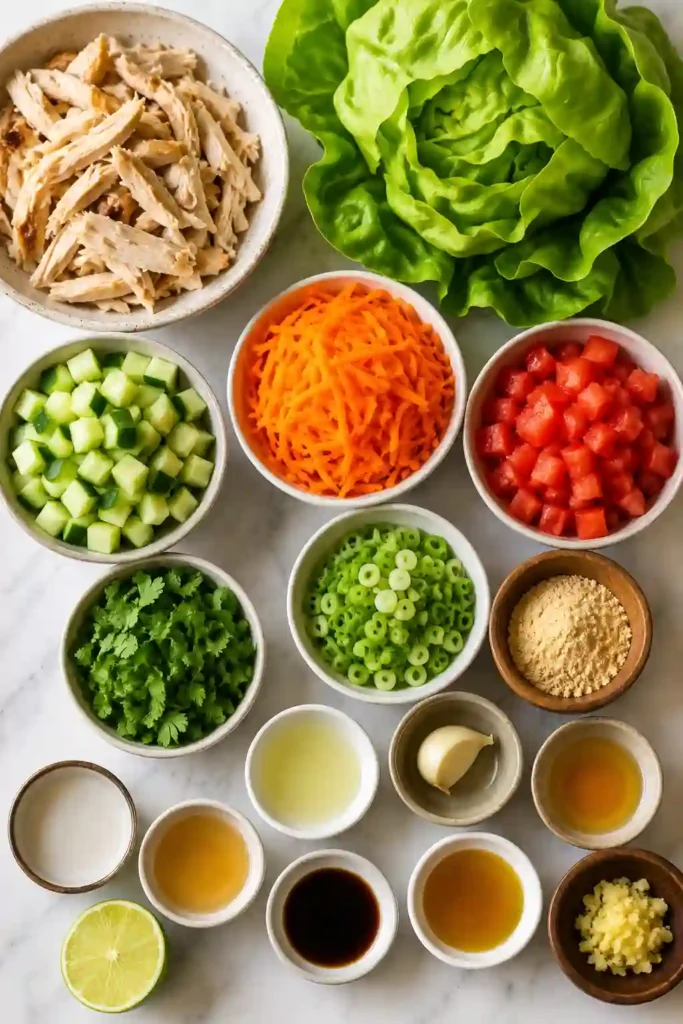 4. Homemade Thai Chicken Lettuce Wraps featuring tender chicken, crisp lettuce, fresh herbs, and creamy peanut dressing. An easy family-friendly meal.