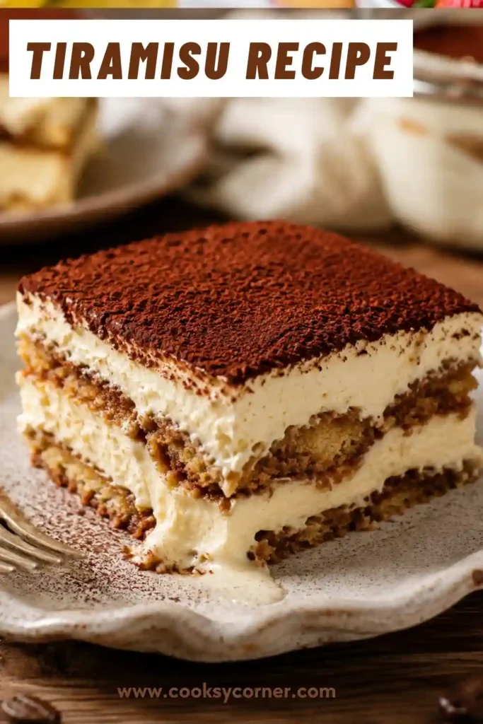 No-bake tiramisu featuring layers of mascarpone filling and espresso-soaked ladyfingers finished with cocoa.