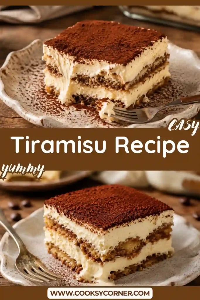 Homemade tiramisu layered with mascarpone cream, coffee-soaked ladyfingers, and cocoa powder served in a glass baking dish.
