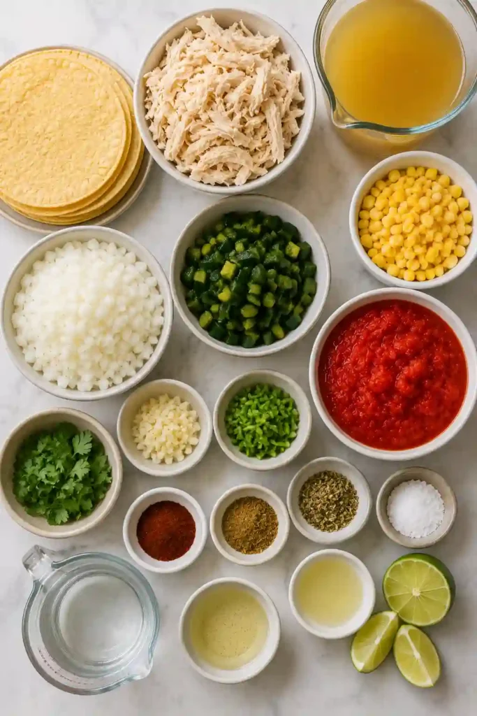 One-pot Tortilla Soup served warm with shredded chicken, corn, tomatoes, and colorful fresh toppings.
