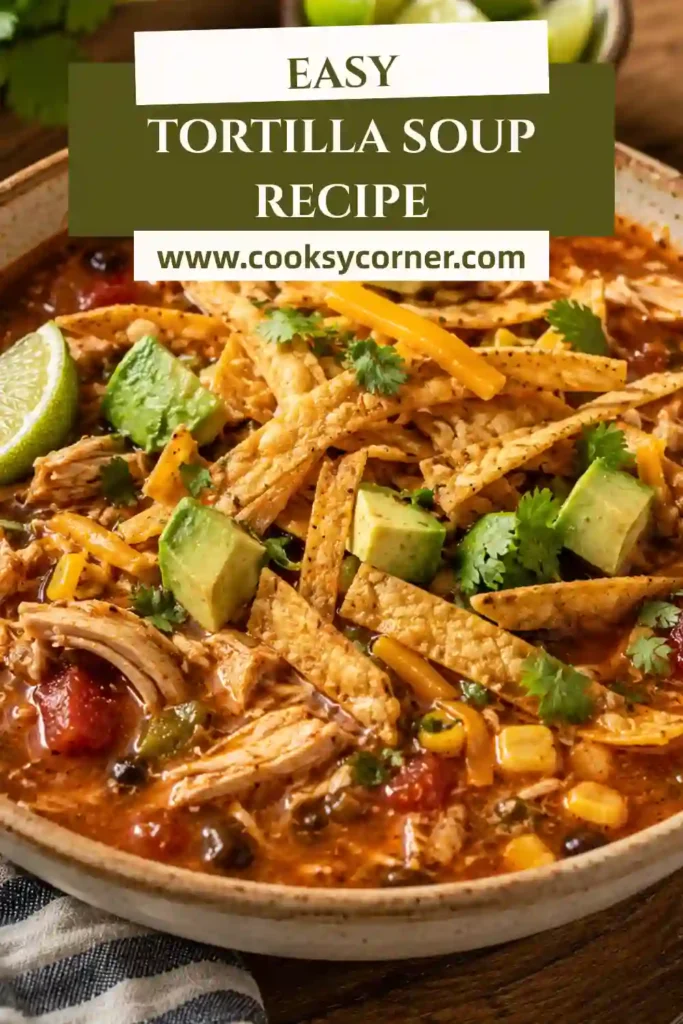 Hearty Mexican-inspired Tortilla Soup garnished with fresh avocado, cilantro, cheese, and crispy tortillas.