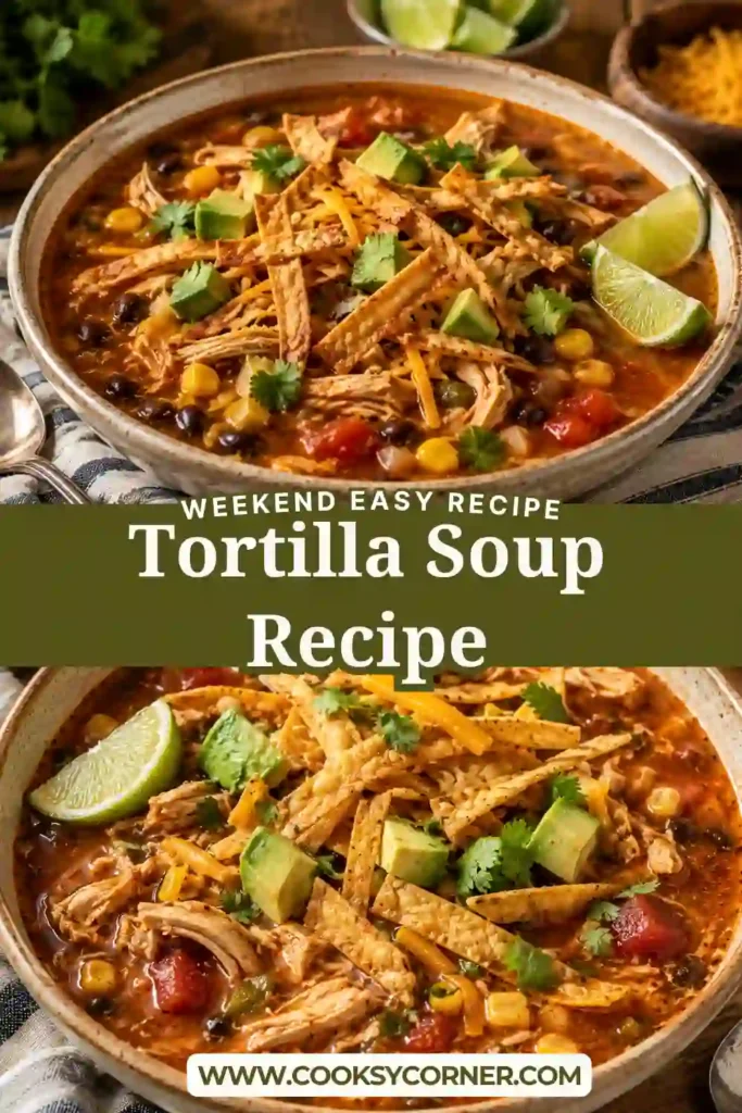 Homemade Tortilla Soup with shredded chicken, sweet corn, tomatoes, and crunchy tortilla strips in a rich broth.