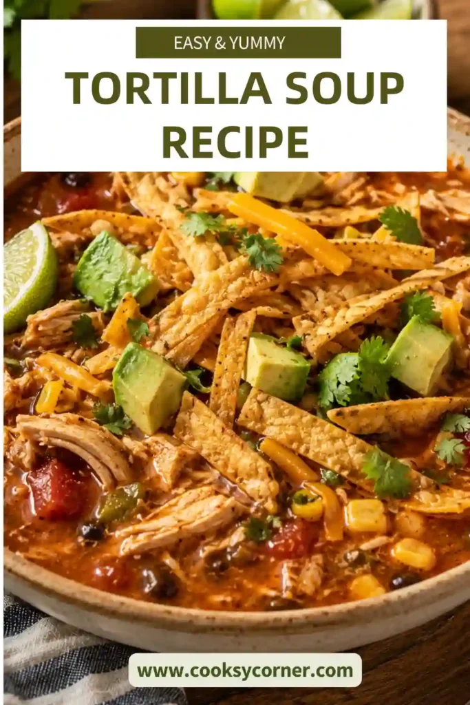 A bowl of Tortilla Soup topped with crispy tortilla strips, avocado, shredded cheese, cilantro, and lime wedges.