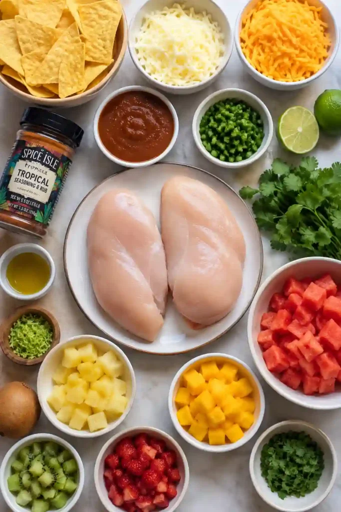 A baking sheet filled with Tropical Chicken Nachos topped with grilled chicken, melted Monterey Jack and cheddar cheese, fresh cilantro, and jalapeños. Served with colorful tropical fruit salsa.