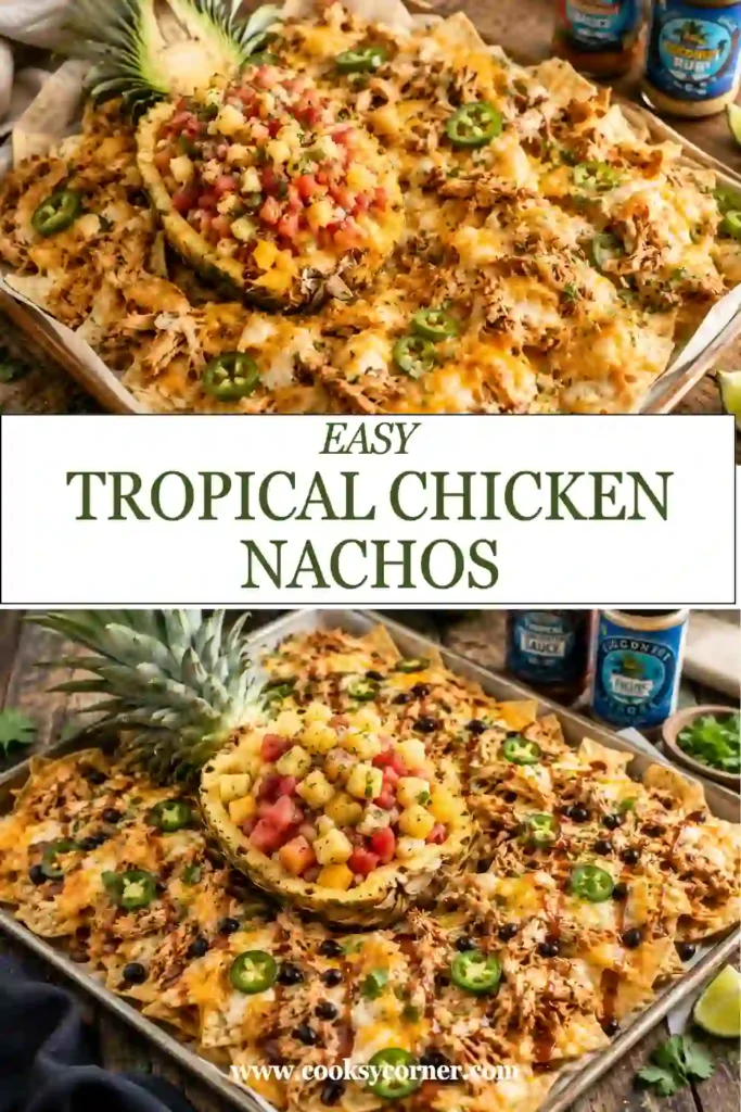 Golden tortilla chips layered with shredded chicken, melted cheese, and served alongside vibrant pineapple, mango, kiwi, and strawberry salsa.