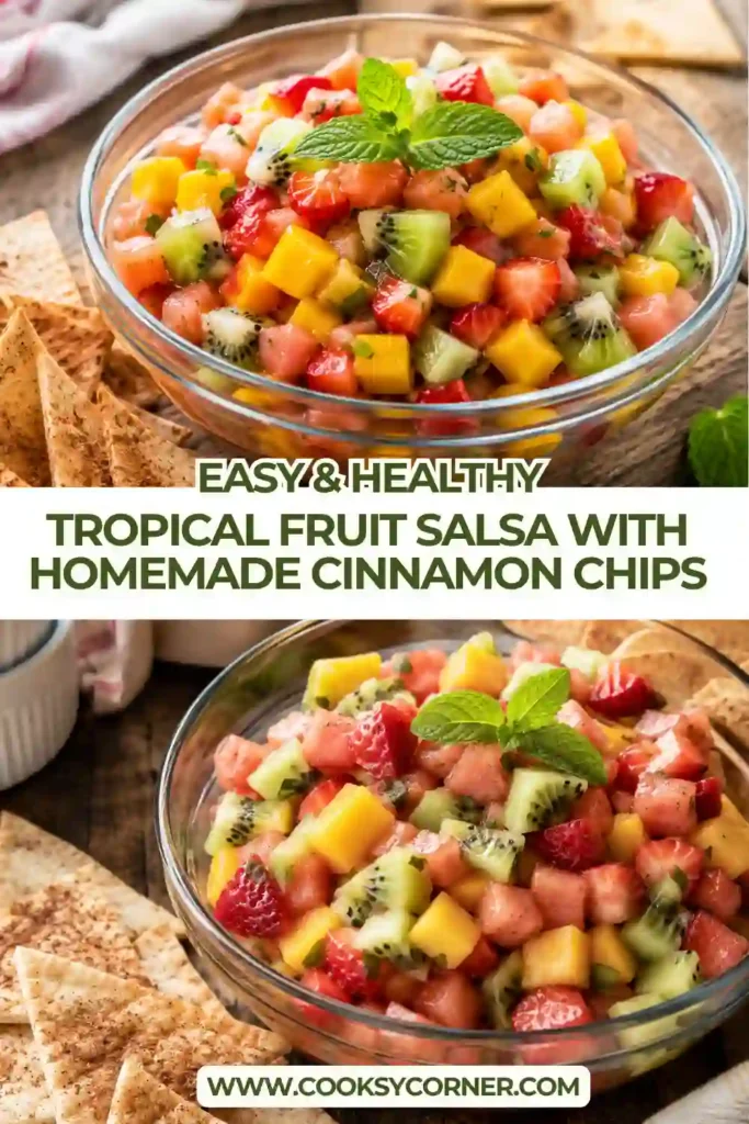 A bowl of Tropical Fruit Salsa made with pineapple, mango, kiwi, strawberries, honey, and mint served with crispy homemade cinnamon sugar tortilla chips.