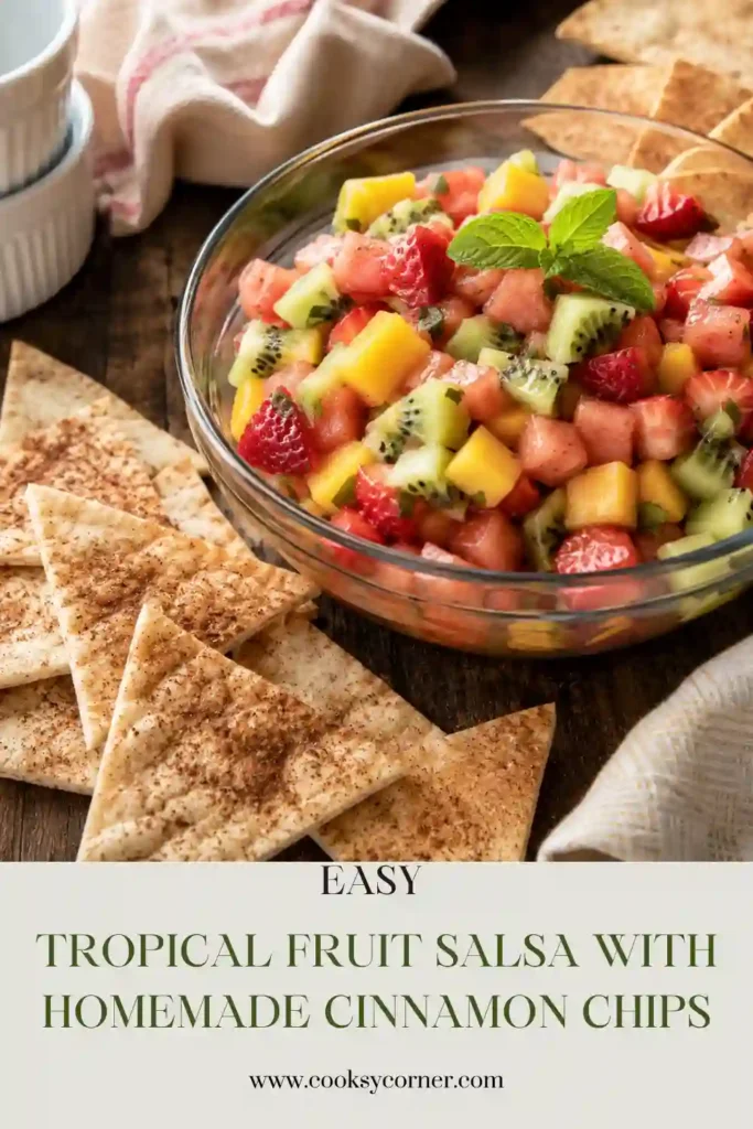 Homemade cinnamon sugar tortilla chips paired with vibrant tropical fruit salsa made from pineapple, strawberries, kiwi, and mango.