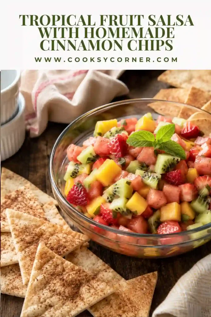 Fresh fruit salsa featuring colorful tropical fruit alongside baked cinnamon chips on a serving platter.