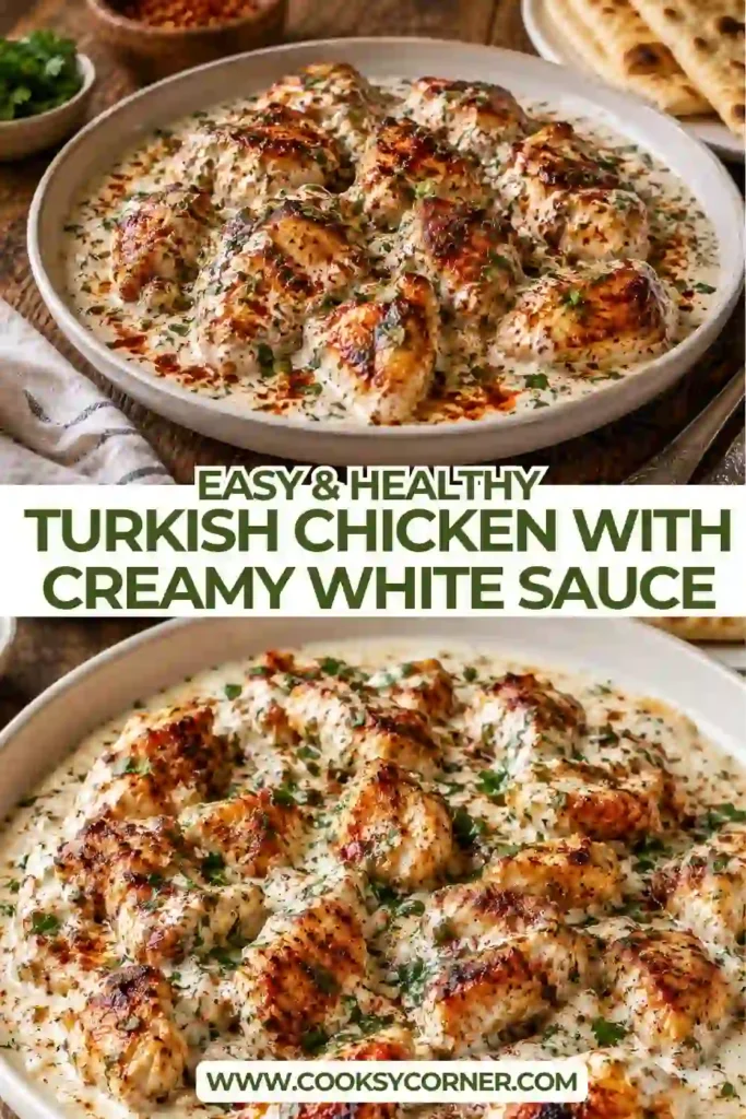 A close-up of creamy Turkish chicken in a velvety white sauce garnished with chopped parsley. This easy chicken dinner is warm, comforting, and full of flavor.