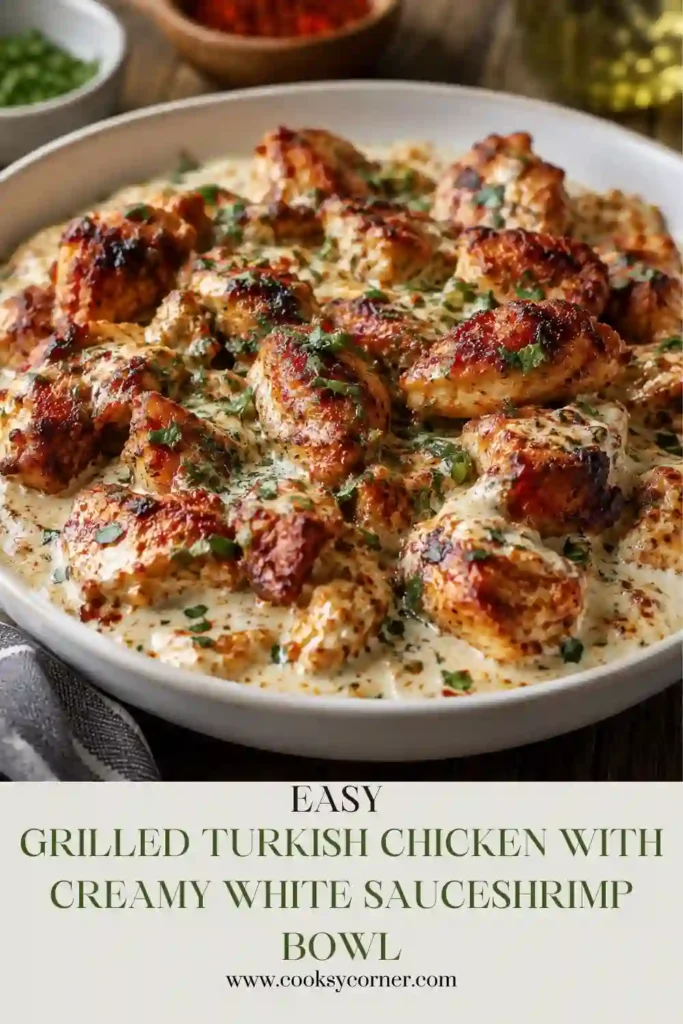 Turkish Chicken with Creamy White Sauce served in a skillet with fresh parsley. Tender chicken breasts are coated in a rich, creamy white sauce seasoned with paprika and cumin.