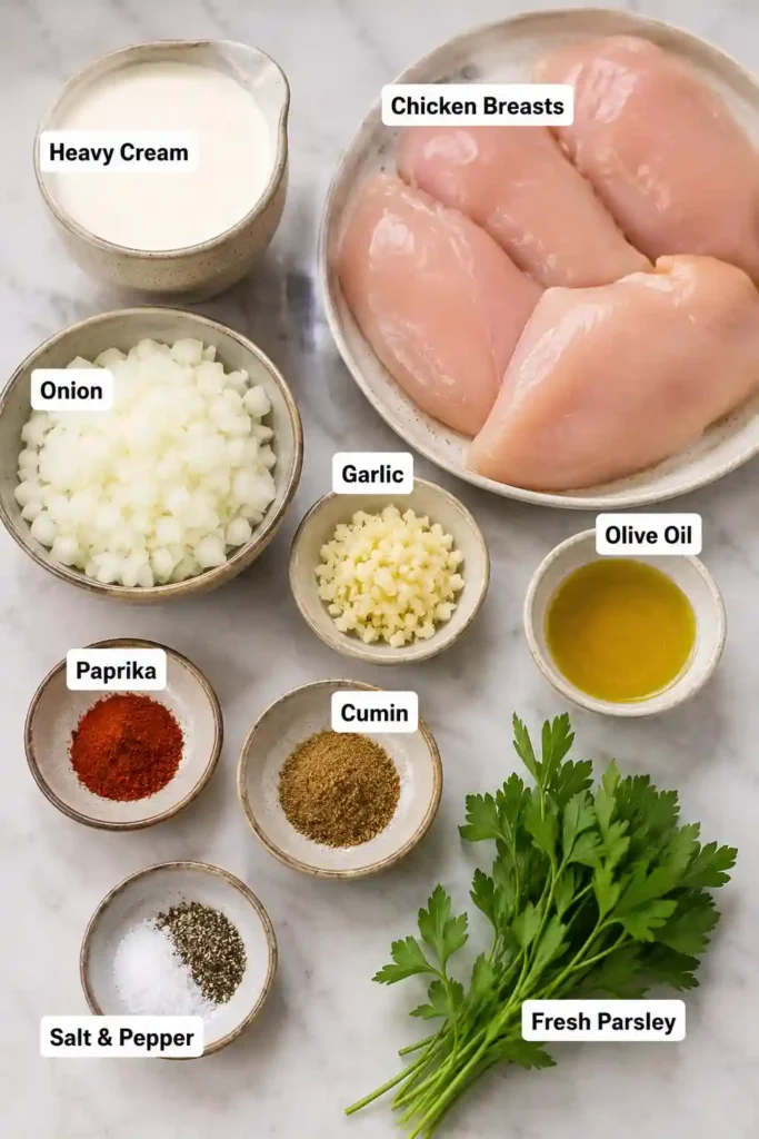 Creamy white sauce chicken with tender chicken breasts and aromatic Turkish-inspired spices. A simple and satisfying family dinner made in one skillet.
