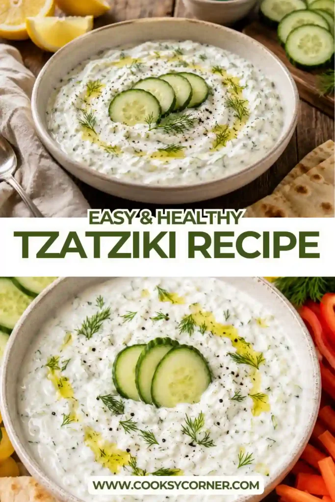 Creamy homemade Tzatziki Recipe served in a rustic bowl with fresh dill, grated cucumber, and a drizzle of olive oil. This Greek yogurt dip is fresh, healthy, and perfect for Mediterranean meals.
