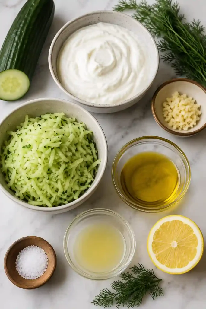 Fresh Greek yogurt dip with grated cucumber, garlic, dill, and olive oil presented in a serving bowl. A healthy and flavorful Mediterranean appetizer.