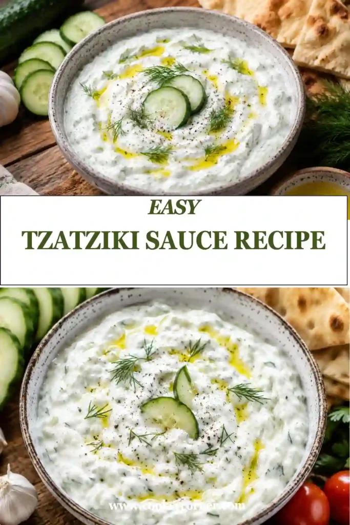 Fresh Greek yogurt dip topped with chopped dill and olive oil in a serving bowl. This easy homemade tzatziki features cucumber, garlic, and lemon for classic Mediterranean flavor.