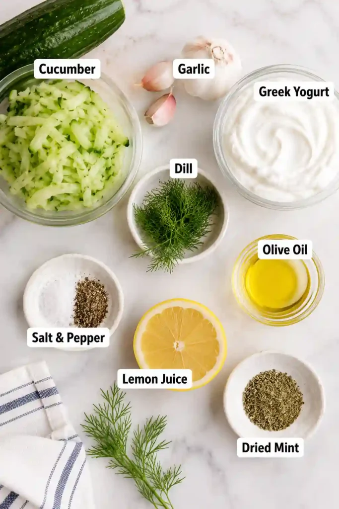 Classic Mediterranean tzatziki sauce prepared with Greek yogurt, cucumber, garlic, dill, and lemon juice. A smooth and flavorful dip perfect for wraps, sandwiches, and mezze platters.