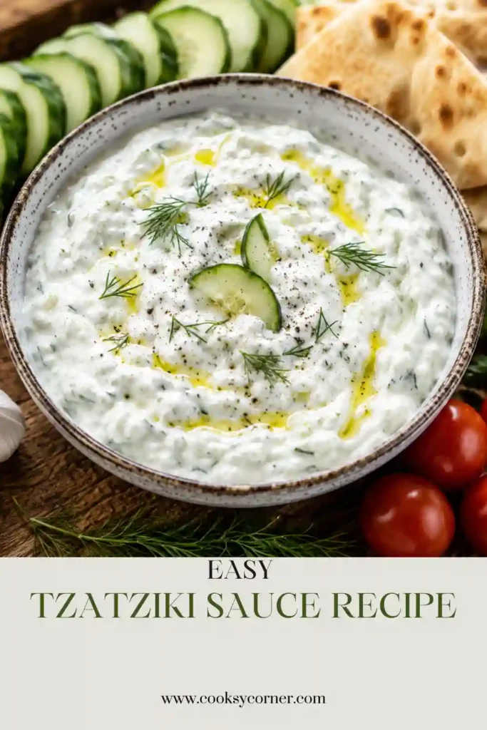 A bowl of creamy homemade Tzatziki Sauce Recipe made with Greek yogurt, grated cucumber, garlic, fresh dill, and olive oil. This authentic Mediterranean dip is thick, refreshing, and perfect for serving with pita bread or grilled meats.
