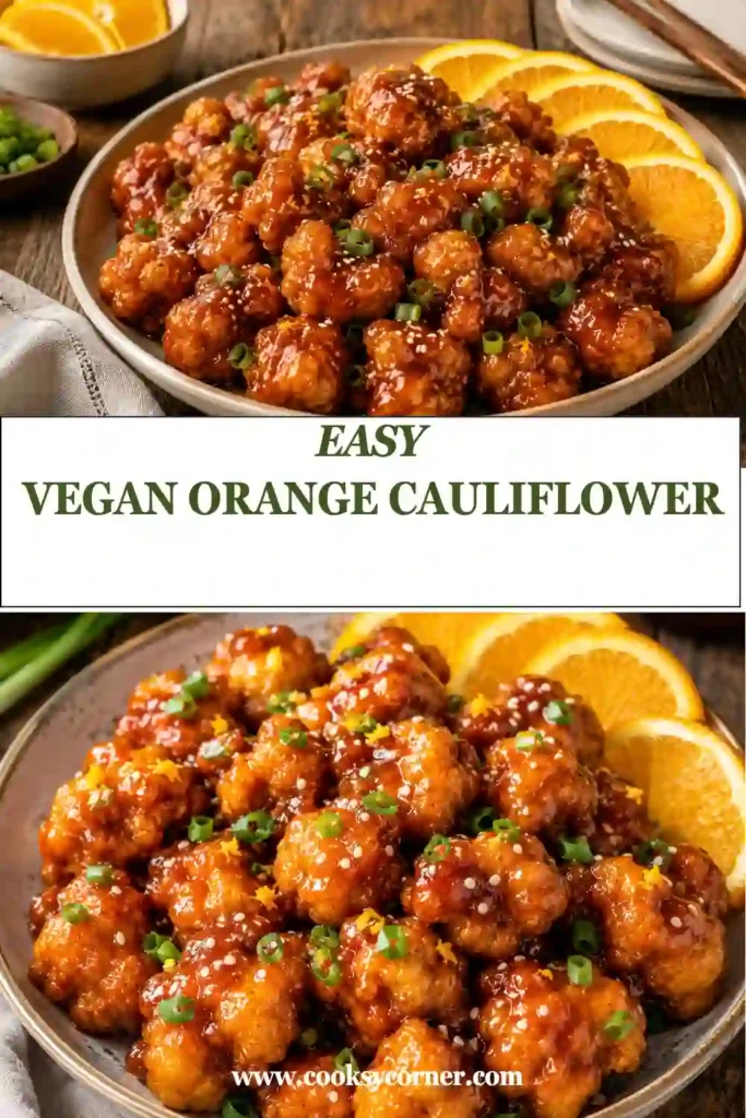 Golden crispy cauliflower florets tossed in sticky homemade orange glaze with sesame seeds. An easy vegan dinner inspired by classic orange chicken.