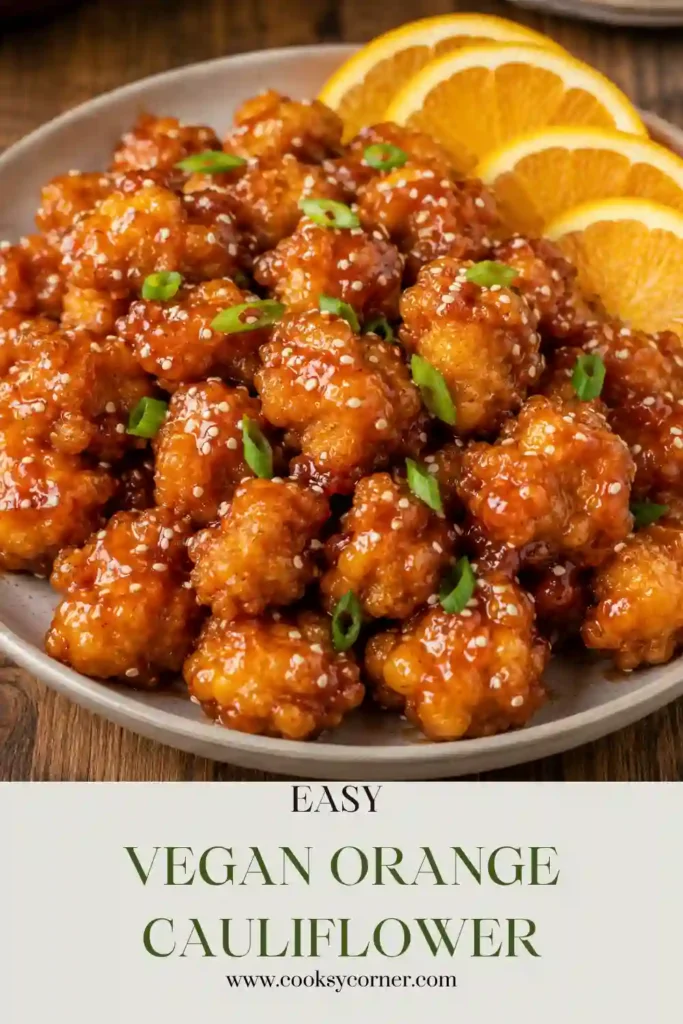 A bowl of crispy Vegan Orange Cauliflower coated in a glossy orange sauce and topped with sesame seeds and fresh orange slices. Served over steamed rice for a delicious plant-based dinner.