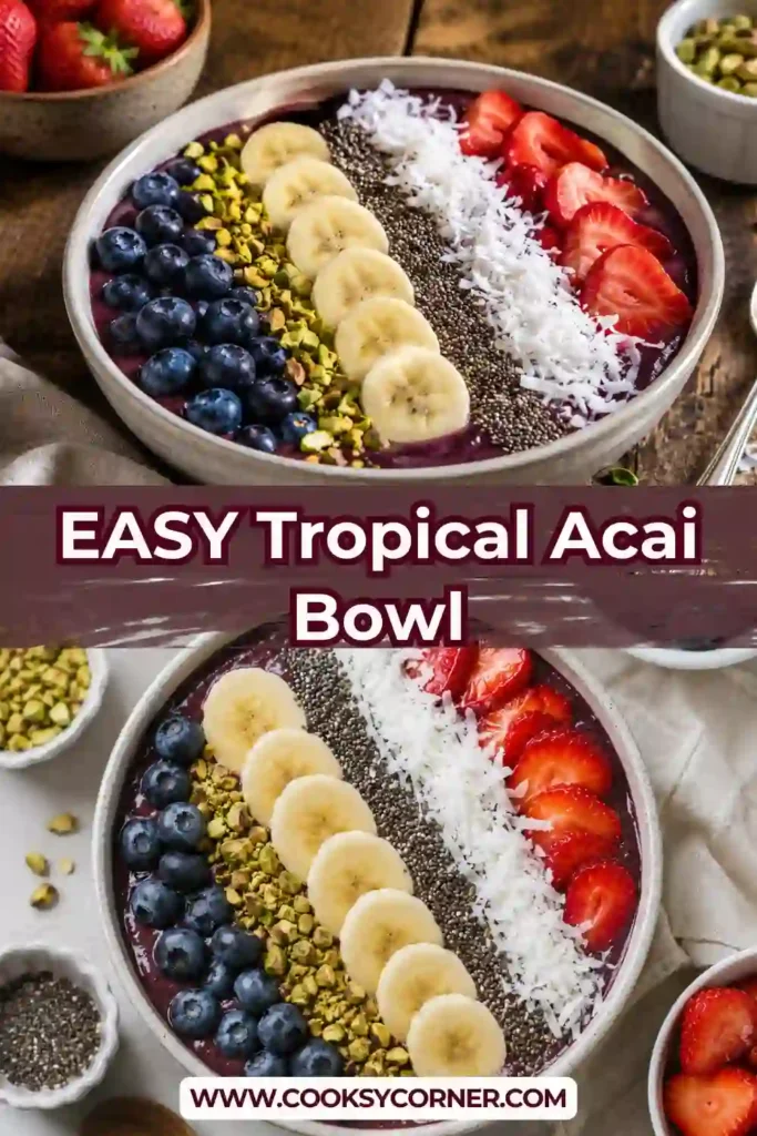 Healthy Tropical Acai Bowl blended until thick and smooth with frozen pineapple, banana, and acai puree. Fresh fruit toppings make this dairy-free breakfast both colorful and satisfying.