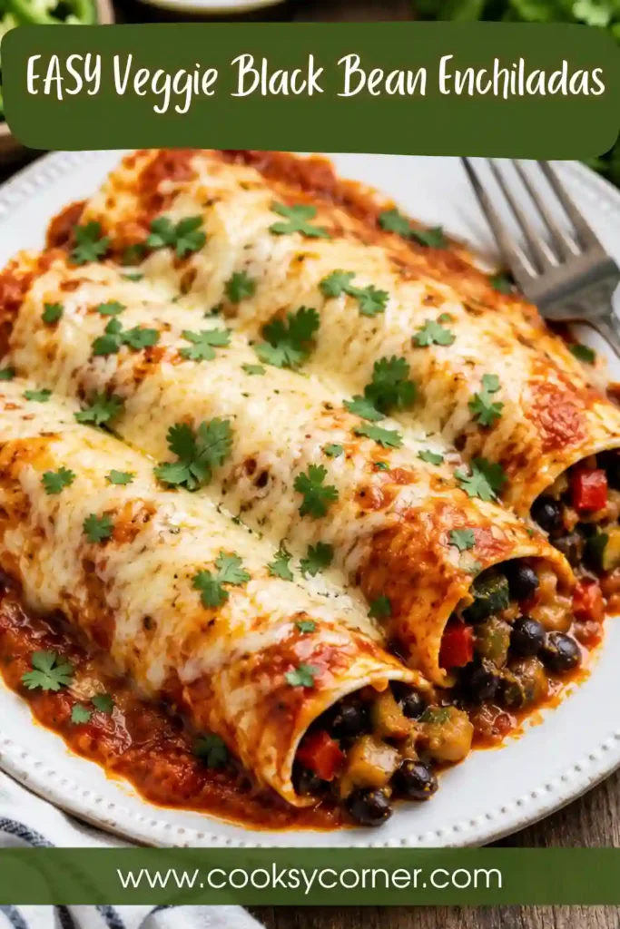 Close-up of homemade Veggie Black Bean Enchiladas baked until bubbly with melted cheese and garnished with chopped cilantro. A colorful vegetarian Mexican-inspired dinner made with wholesome ingredients.