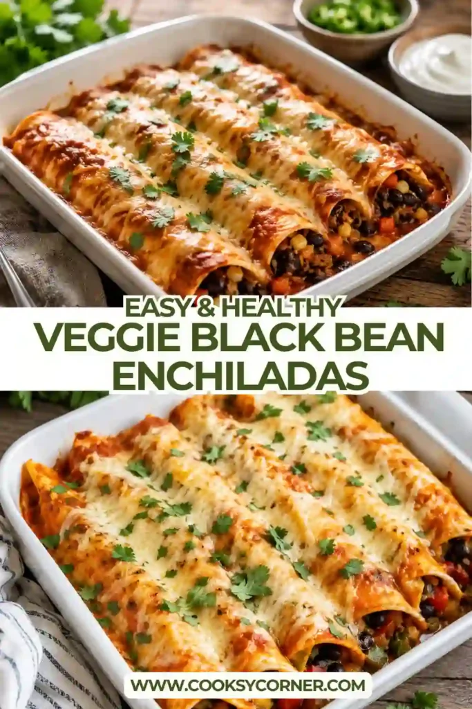 A serving of Veggie Black Bean Enchiladas with enchilada sauce, melted cheese, and fresh cilantro on a dinner plate. Whole wheat tortillas are filled with healthy vegetables and black beans.