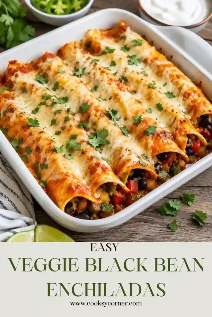 Freshly baked Veggie Black Bean Enchiladas topped with melted Monterey Jack cheese and chopped cilantro in a baking dish. These healthy vegetarian enchiladas are filled with black beans, broccoli, spinach, and colorful vegetables.