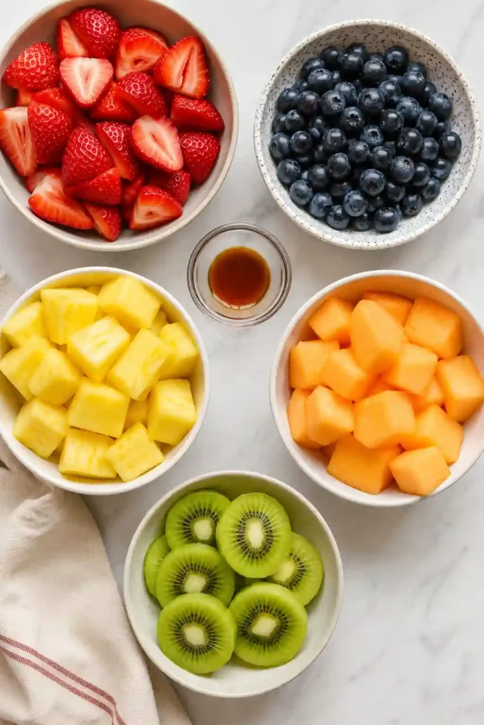 Colorful Very Vanilla Fruit Salad served in a large bowl with fresh mixed fruit and pure vanilla extract. A simple no-cook recipe that's ideal for summer entertaining.