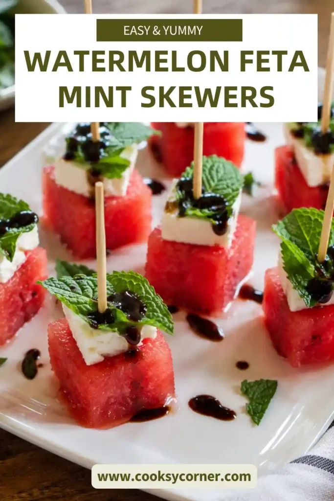 Elegant Watermelon Feta Mint Skewers featuring chilled watermelon cubes, creamy feta, fresh mint, and glossy balsamic glaze.