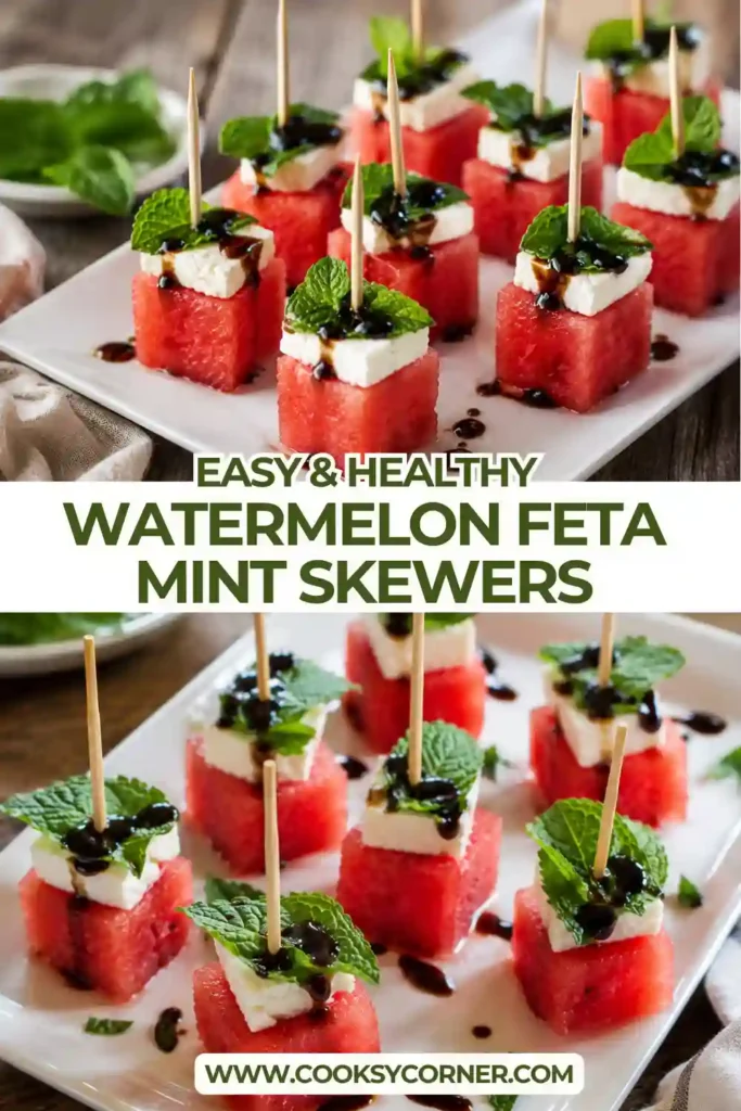 Fresh watermelon appetizer skewers with feta cheese, mint, and balsamic reduction served as a colorful summer party appetizer.