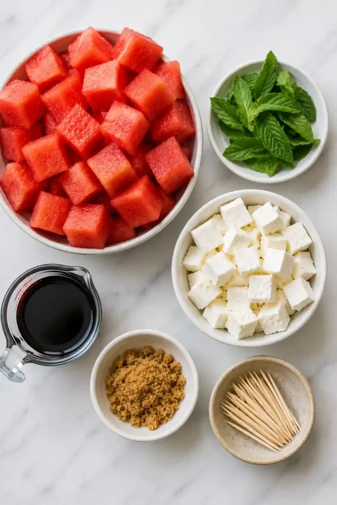 Summer appetizer made with watermelon, feta cheese, mint leaves, and balsamic glaze arranged on a serving tray for entertaining.