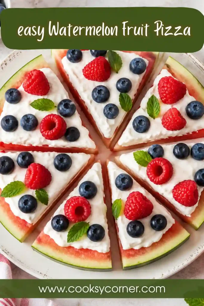 Healthy Watermelon Fruit Pizza arranged on a serving platter with fresh berries and creamy yogurt. A colorful summer dessert that's naturally sweet and refreshing.