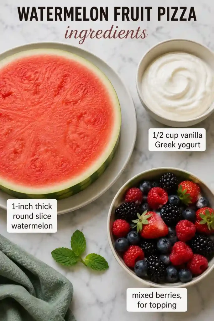 A beautifully decorated Watermelon Fruit Pizza featuring juicy watermelon, vanilla yogurt, and assorted berries. This easy fruit dessert is perfect for picnics, brunches, and healthy snacks.