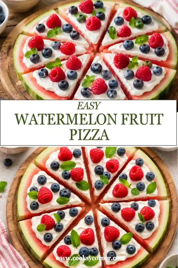 Fresh watermelon topped with smooth Greek yogurt and vibrant strawberries, blueberries, raspberries, and blackberries. An easy and refreshing fruit pizza recipe for warm weather.