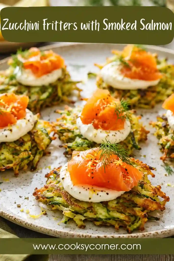 Stack of crispy zucchini fritters garnished with smoked salmon, dill, and sour cream. A perfect savory brunch recipe with fresh ingredients.