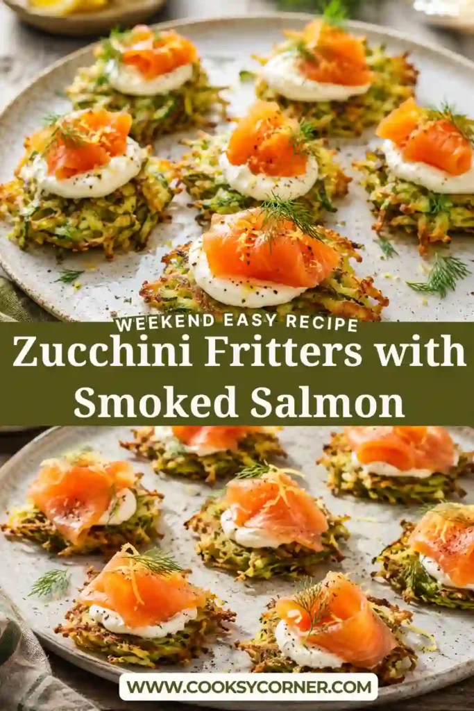 Homemade crispy zucchini fritters served with cold-smoked salmon and creamy sour cream. Fresh herbs and lemon zest add a bright finish.