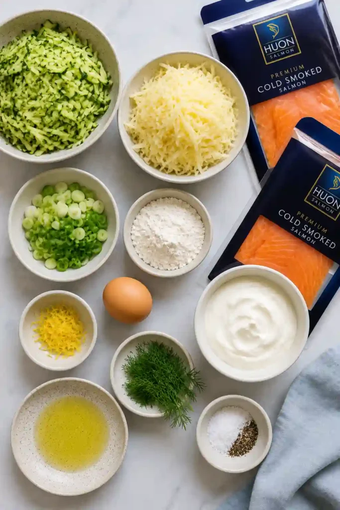 Freshly cooked zucchini fritters topped with smoked salmon and dill on a white serving plate. This elegant appetizer is crispy, creamy, and flavorful.