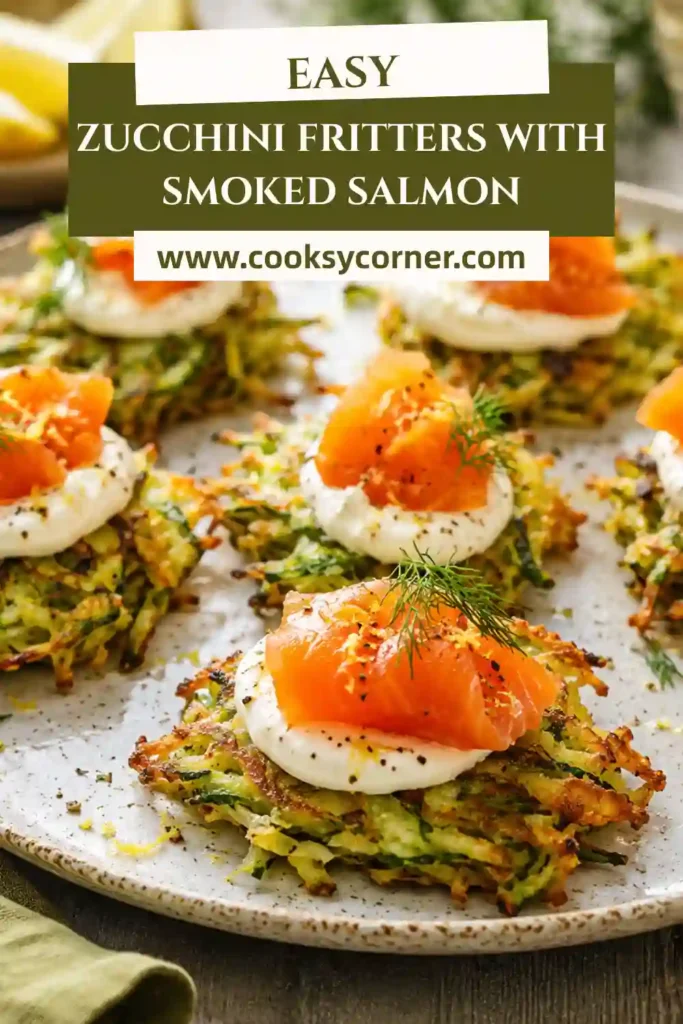 Golden zucchini fritters topped with smoked salmon, sour cream, fresh dill, and lemon zest on a serving platter. A beautiful brunch dish with vibrant colors.