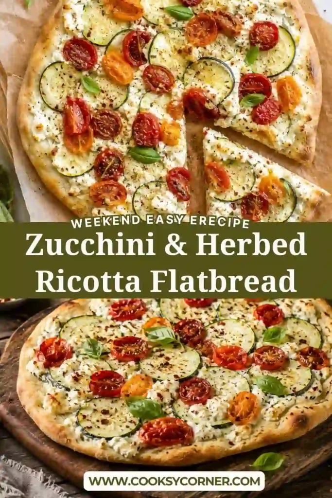 A homemade Zucchini & Herbed Ricotta Flatbread topped with roasted cherry tomatoes, sliced zucchini, creamy ricotta, goat cheese, and fresh basil. This colorful vegetarian flatbread is baked until golden and crisp.