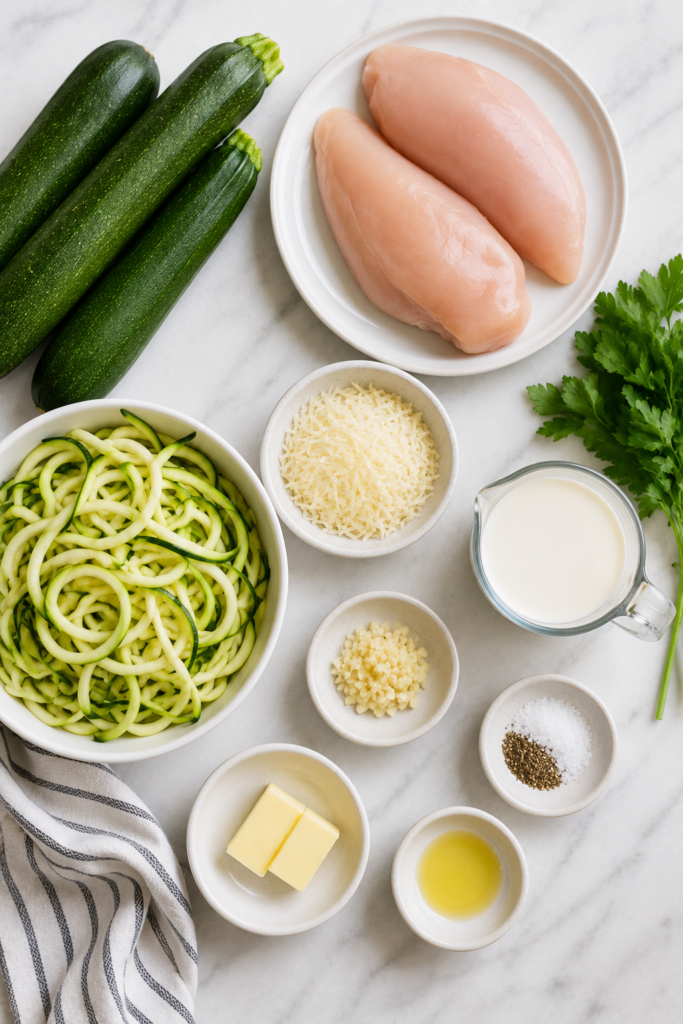 Fresh ingredients prepared for Zucchini Noodle Chicken Alfredo under natural lighting in a clean Pinterest-style food photography setup.