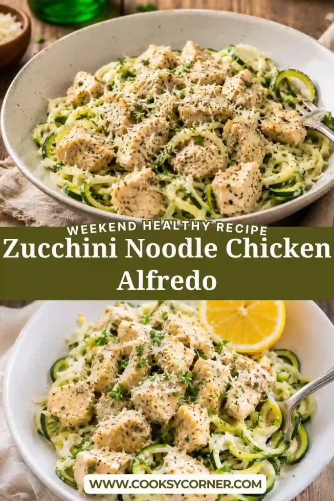 Flat-lay of fresh ingredients for low-carb Chicken Alfredo featuring spiralized zucchini, Parmesan, garlic, cream, chicken, and herbs.