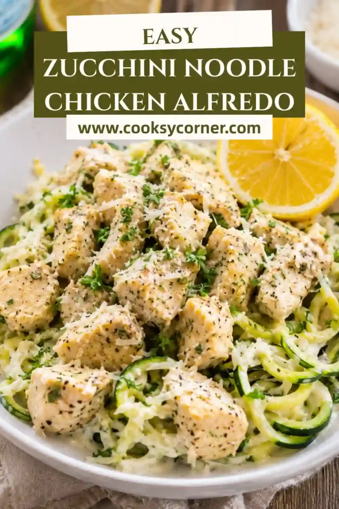 Ingredients for Zucchini Noodle Chicken Alfredo arranged on a white marble countertop with zucchini, chicken breasts, butter, garlic, heavy cream, Parmesan cheese, and fresh parsley.