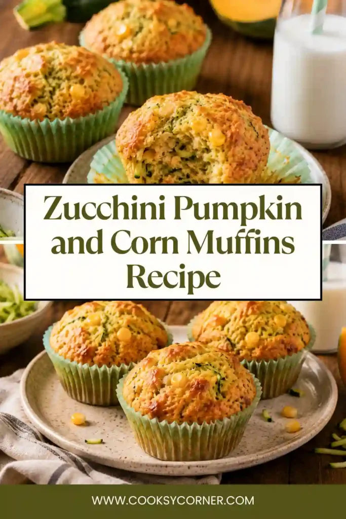 Freshly baked Zucchini Pumpkin and Corn Muffins made with wholemeal flour, cheddar cheese, grated zucchini, pumpkin, and sweet corn.