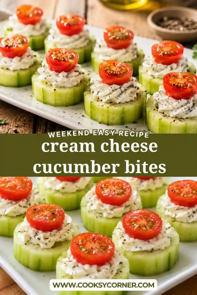 Fresh cucumber rounds filled with seasoned cream cheese and topped with juicy cherry tomatoes. A healthy and elegant no-bake appetizer for entertaining.