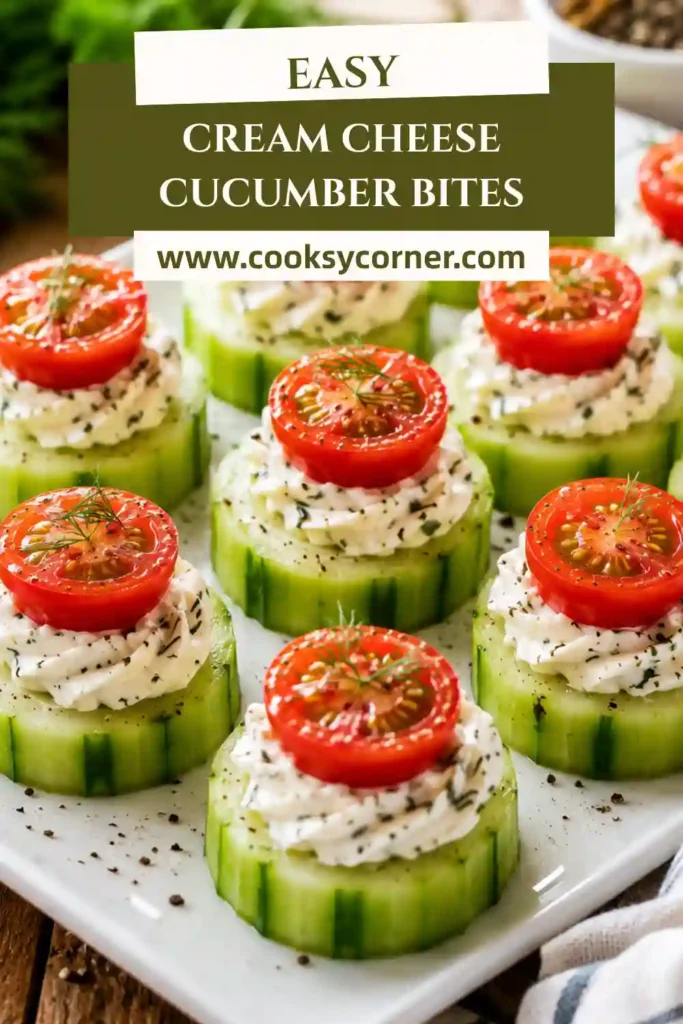 Cream cheese cucumber bites arranged on a serving platter with fresh dill and cherry tomatoes. These bite-sized cucumber appetizers are creamy, colorful, and perfect for parties.