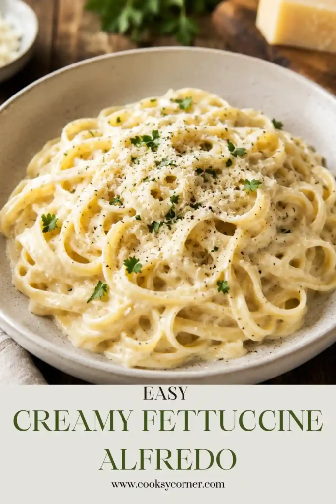 Close-up of homemade creamy Fettuccine Alfredo garnished with Parmesan cheese and parsley. The pasta has a rich, silky texture ideal for a comforting dinner.