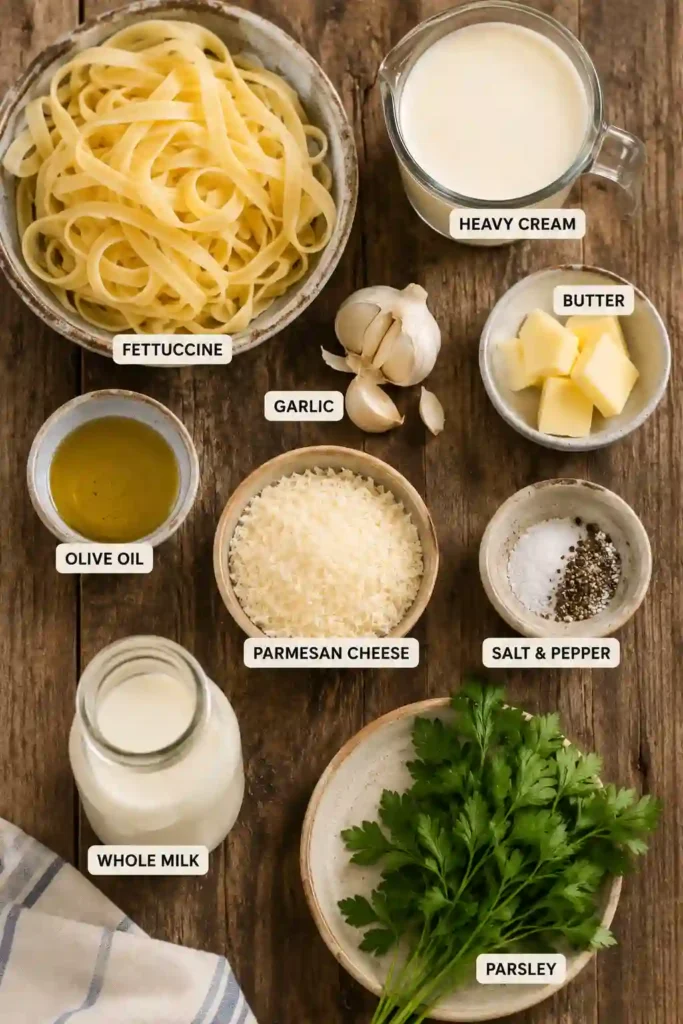 A serving of creamy Fettuccine Alfredo topped with freshly grated Parmesan and black pepper in a rustic pasta bowl. The buttery Alfredo sauce creates a smooth, luxurious finish.
