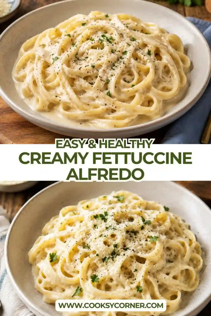 Freshly cooked Fettuccine Alfredo served with Romano and Parmesan cheese on a white plate. The creamy pasta is smooth, glossy, and full of comforting flavor.