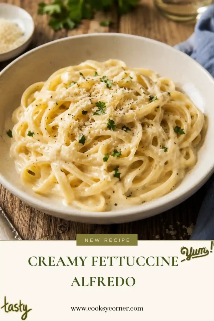 A bowl of creamy Fettuccine Alfredo coated in rich homemade Alfredo sauce with freshly grated Parmesan cheese and cracked black pepper. This classic Italian-inspired pasta looks silky, buttery, and perfectly cooked.
